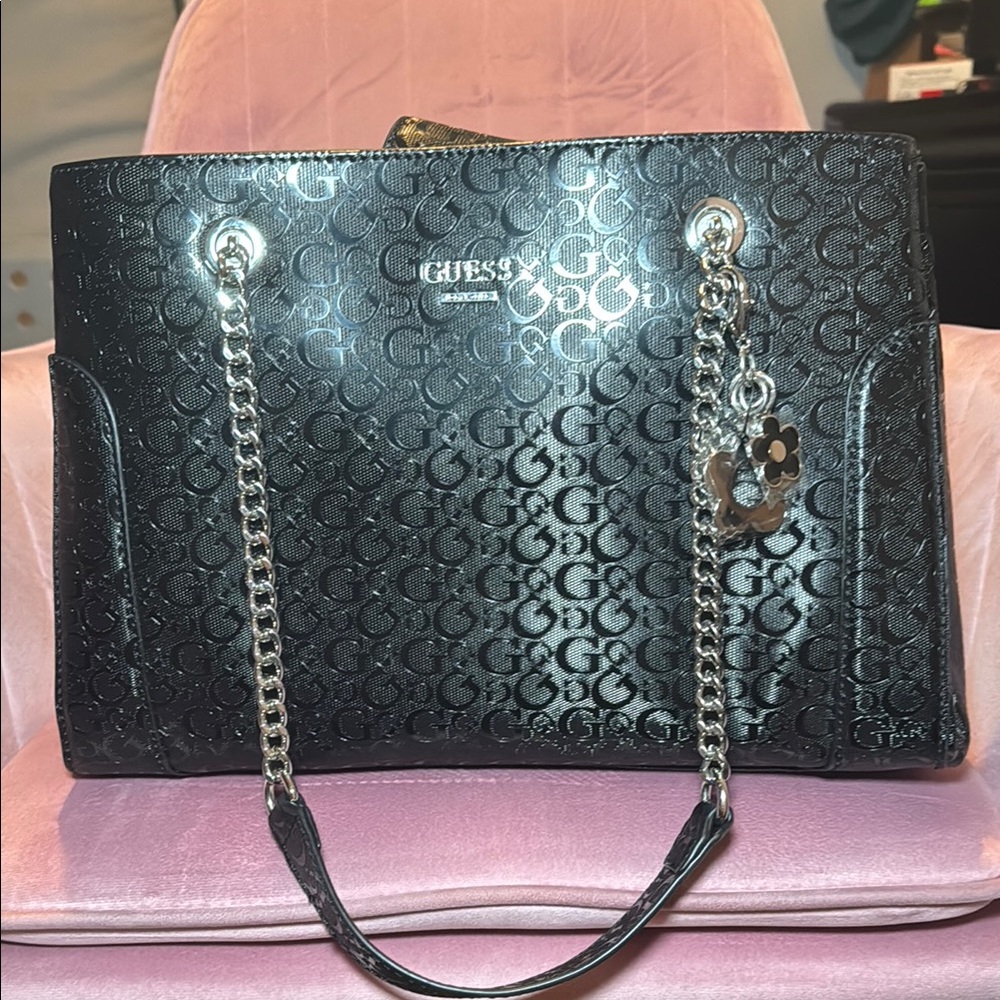 Guess Black Quilted Shoulder Bag with Silver Hardware